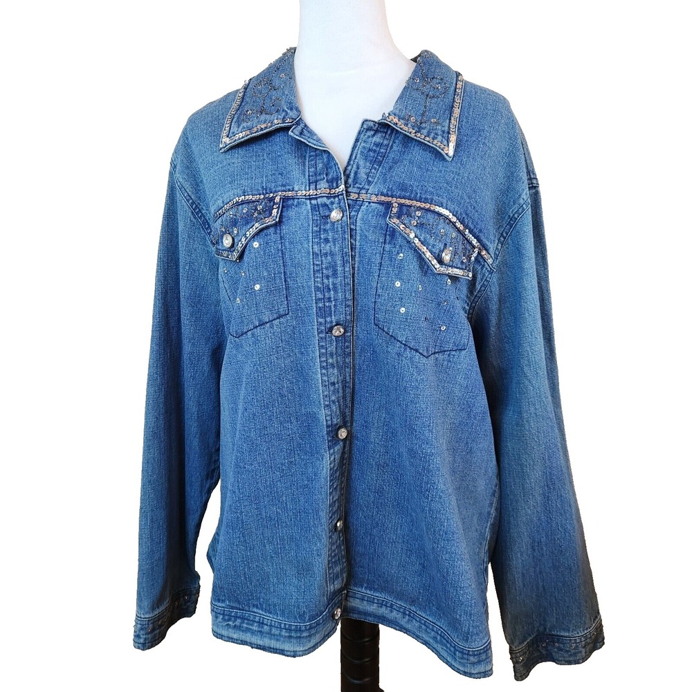 Vtg Gayle Burbank Womens Denim Trucker Jacket Sz 22W Glitter Country Western 90s